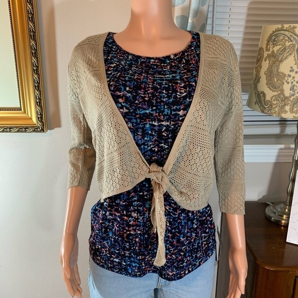 NY Collection Tan Tie Front Lightweight Sweater - Picture 3 of 7